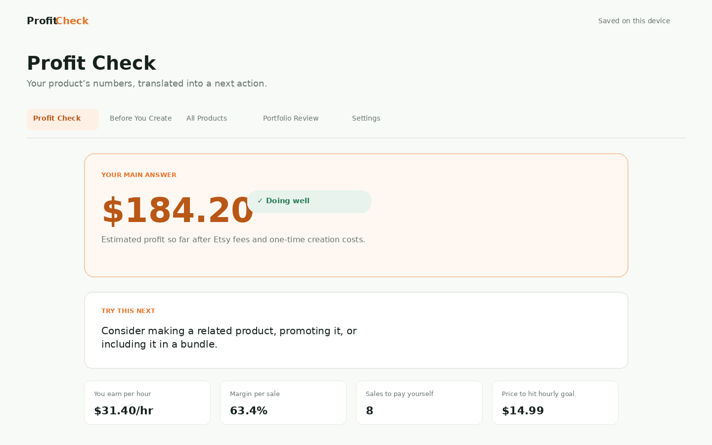 ProfitCheck showing product profit results and earnings per hour